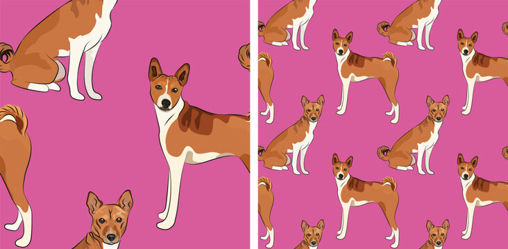 Basenji dog holiday wallpaper. Pets square background, repeatable pink plain pattern, print tiles. Seamless pattern with dogs in a stitting and standing pose. Summer background with pets characters. 