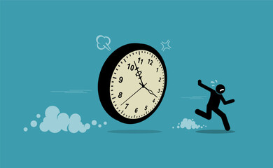 Man chasing by clock time and running away. Vector illustration depicts concept of deadlines, due dates, late, slack, procrastinate, unpunctual, and not enough time. - obrazy, fototapety, plakaty