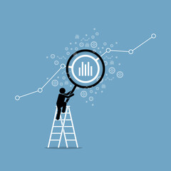 Businessman climbing a ladder with a big magnifier checking financial data chart and analyze technical analysis. Vector illustration depicts concept of financial investment, research, and business.