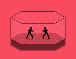 Cage fight between two fighters. Vector illustration depicts concept of cage fighting, boxing match, martial arts, challenge, one on one, rival, clash, and showdown.