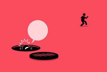 Man abandon his friend in the hole and run away. Vector illustration depicts concept of neglect, selfish, unreliable, untrustworthy, backstab, forsake, unreliable, and bad person.