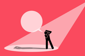 Person trying to avoid limelight and covering his eyes from glaring spotlight. Vector illustration  depicts concept of infamous, reject fame, shy away from public interest, and unwanted attention.