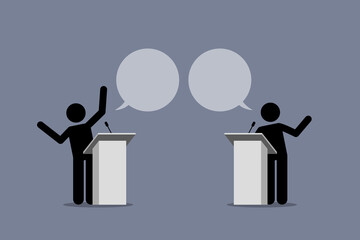 Two speaker debate and argue on a podium. Vector illustration depicts concept of argument, political point of view, disagreement, discussion, different opinions, and presentation. - obrazy, fototapety, plakaty