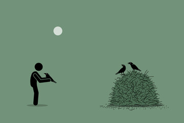 A bird in the hand is worth two in the bush. Vector illustration depicts concept of appreciative, valuable, gratitude, wisdom, thankful, and judgement. - obrazy, fototapety, plakaty