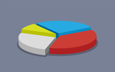 Obraz premium 3D pie chart split into four different segments. Vector illustration depicts concept of statistic, proportion, survey, financial breakdown, data analytics, and percentage report.