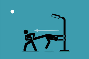Man pulling and forcing someone to go, but he refused and grabbing himself to the lamp post. Vector illustration depicts concept of stubborn, unwilling, persistent, resolute, forceful, and hard sell.