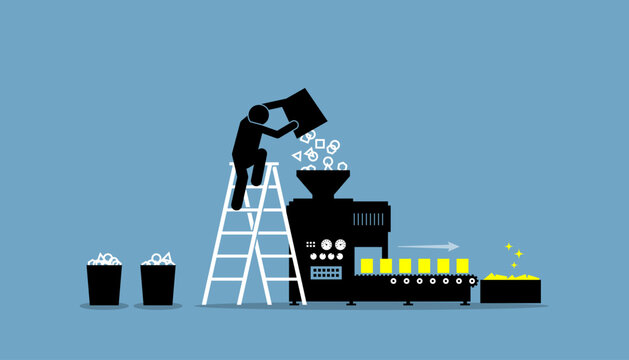 Person pouring and loading raw data into a machine and convert the data into useful and valuable information. Vector illustration depicts concept of data mining, processing, utilization, and compile.