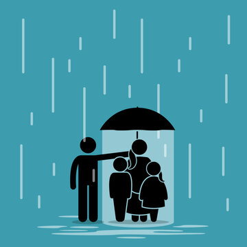 Father holding an umbrella sheltering his family from rain while sacrificing himself wet outside the umbrella. Vector illustration depicts concept of love, sacrifice, devotion, guardian, and care.