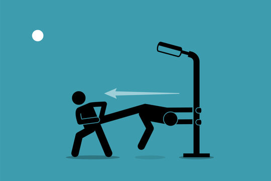 Man pulling and forcing someone to go, but he refused and grabbing himself to the lamp post. Vector illustration depicts concept of stubborn, unwilling, persistent, resolute, forceful, and hard sell.