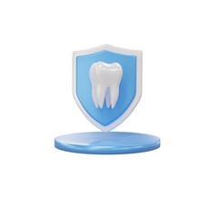 Tooth with shield on pedestal isolated on transparent background. 3d render. PNG. Dentistry, medicine concept. 3D rendering, ui, ux. Teeth. Health. Shield protect