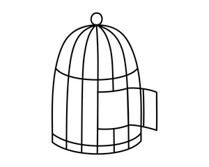 Hand drawn cute outline illustration of open cage. Flat vector release feelings and emotions in colored doodle style. Liberation, freedom concept sticker, icon or print. Isolated on white background.