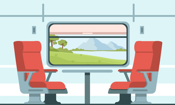 Modern interior of train car with armchairs, table, hangers, shelves for suitcases and window with view of nature. Empty railway transport, cartoon flat style isolated vector concept