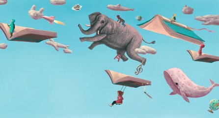 Book, education and kids. back to school. learning and child dream concept art.