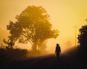 Amanhecer no Pantanal mato-grossense: Silhueta de pessoa não identificada com chapeu caminhando na estrada transpantaneira em um amanhecer com neblina