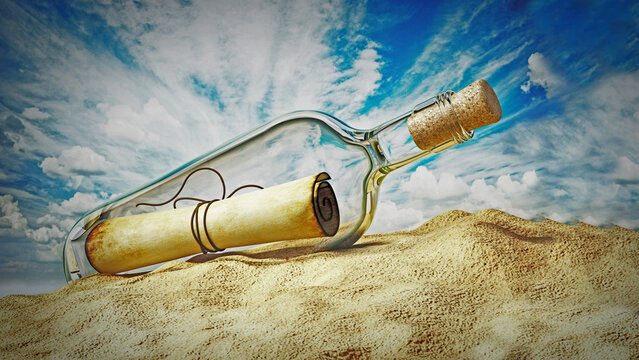 Message in a bottle standing on the beach sand. 3D illustration