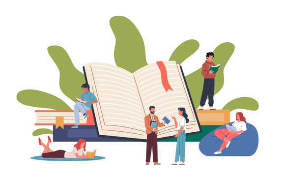 People library. Tiny book lovers read big volumes of literature, readers club, gaining knowledge, printed products, men and woman education and hobby. Cartoon flat nowaday vector concept