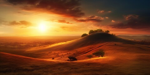Fototapeta na wymiar Sunset on hill sky copy space blurred background, AI Generated