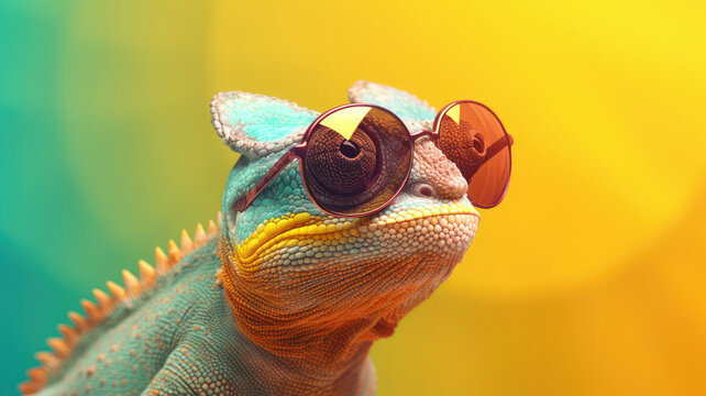 Illustration Portrait of a chameleon wearing sunglasses on a colorful background, ai generative