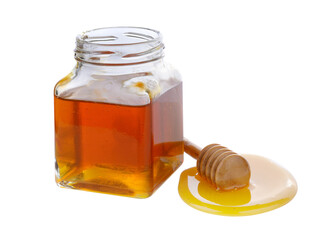Honey with wooden honey dipper on transparent png