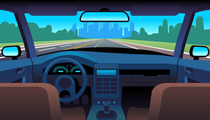 View of car inside with steering wheel, automobile dashboard, steering wheel and speedometer, freeway in windshield. Vehicle interior back view cartoon flat style isolated vector concept