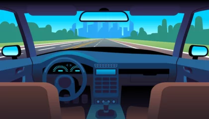 Fototapeten View of car inside with steering wheel, automobile dashboard, steering wheel and speedometer, freeway in windshield. Vehicle interior back view cartoon flat style isolated vector concept © YummyBuum