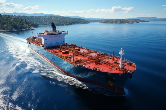 Aerial drone ultra wide photo of small oil - chemical tanker cruising, Generative AI