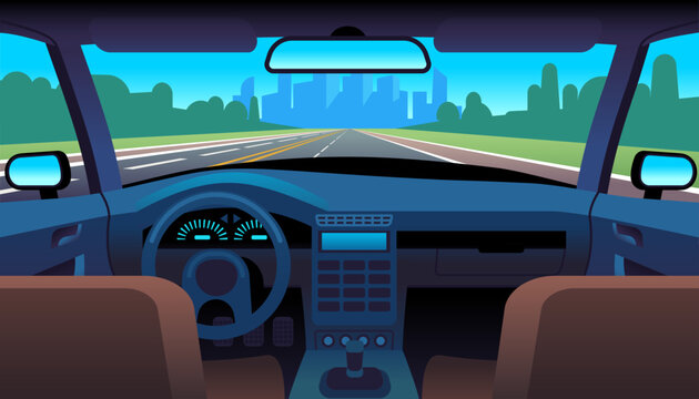 View Of Car Inside With Steering Wheel, Automobile Dashboard, Steering Wheel And Speedometer, Freeway In Windshield. Vehicle Interior Back View Cartoon Flat Style Isolated Vector Concept