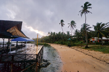 Tropical vacation. Bungalows on the coconut palm trees beach.