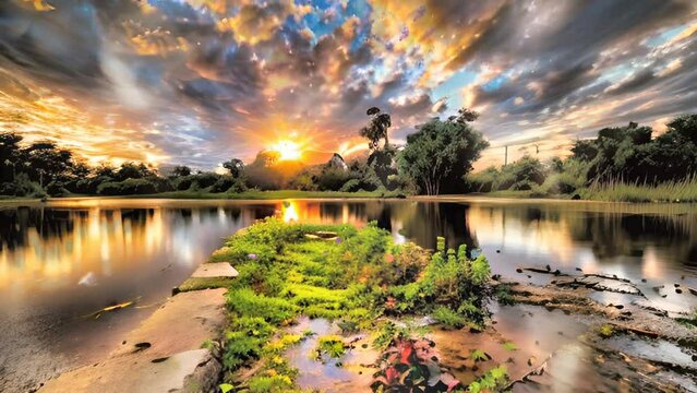 A golden sky paints clouds as sunset hues kiss clear water, blooming flowers sway, and butterflies dance