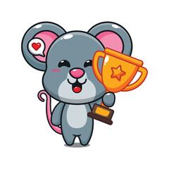 cute mouse holding gold trophy cup cartoon vector illustration.