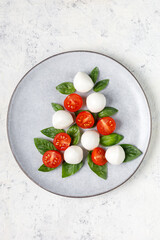 Caprese salad in the form of a Christmas tree. Festive tomato mozzarella and basil appetizer on light plate.