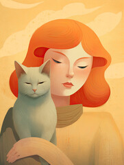 AI Generated Art Minimalistic Portrait of Caucasian white woman with Red hair with a cat on a neutral peach beige background