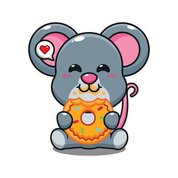 cute mouse eating donut cartoon vector illustration.