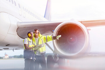 Air traffic control ground crew workers talking near airplane on airport tarmac