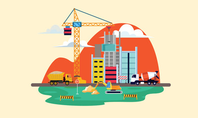 Construction site, building concept truck and machines building house cartoon vector illustration