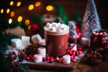 Christmas drink. Cacao in red cup, fir, marshmallows on bokeh background