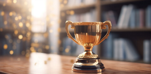 competition champion prize cup trophy gold library celebration bokeh award. Generative AI.