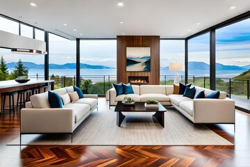 Beautiful Living Room interior in new luxury home with hardwood floors and fireplace. Several large windows suggest an outdoor view, Generative AI