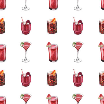 Watercolor seamless pattern, cocktail glasses: cosmopolitan, negroni, watermelon, dragonfruit. Hand-drawn illustration isolated on white background.Perfect for recipe with alcoholic drinks, for cafe