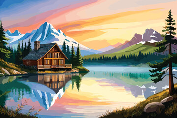 landscape of mountain lake cabin amidst lush forest and majestic peaks. Nature scene - obrazy, fototapety, plakaty