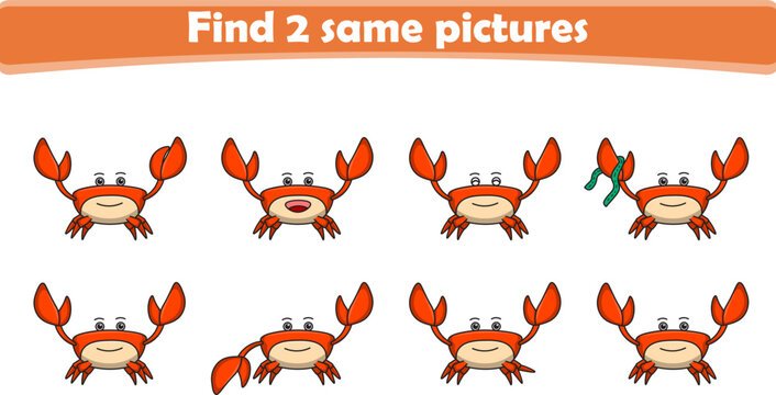 Funny cartoon crab. Find two same pictures. Educational game for children. Cartoon vector illustration