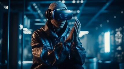 Fototapeta premium A man wearing a VR headset is immersed in a metaverse world. Generative AI