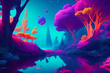 Fototapeta na wymiar AI-Generated Surreal Landscapes: Explore vibrant and dreamlike compositions with forests, underwater scenes, and outer space elements