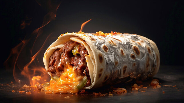 Delicious burito with beef and spicy sauce. AI Generative Image