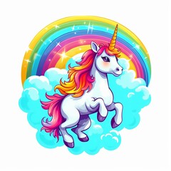 Obraz na płótnie Canvas cartoon style illustration for cute flying unicorn in the sky with rainbow in background, Generative Ai