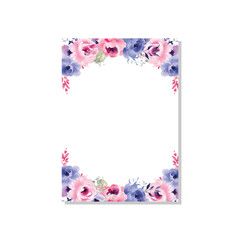 Watercolor pink and blue flowers border.