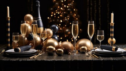 Popping champagne bottles, golden bubbles, and cascading champagne glasses, capturing the spirit of celebration and luxury for a captivating Christmas design. Generative AI