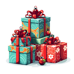 Boxes with New Year's gifts are festively decorated on a white background. Illustration