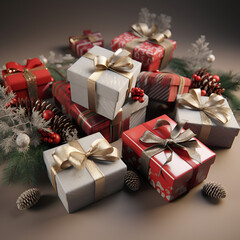 Boxes with New Year's gifts are festively decorated on a light background.