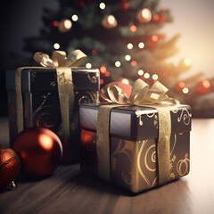 Boxes with New Year's gifts are festively decorated on the background of a Christmas tree.